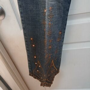Embellished Dark Blue Wide-Leg Jeans with Copper Stitching